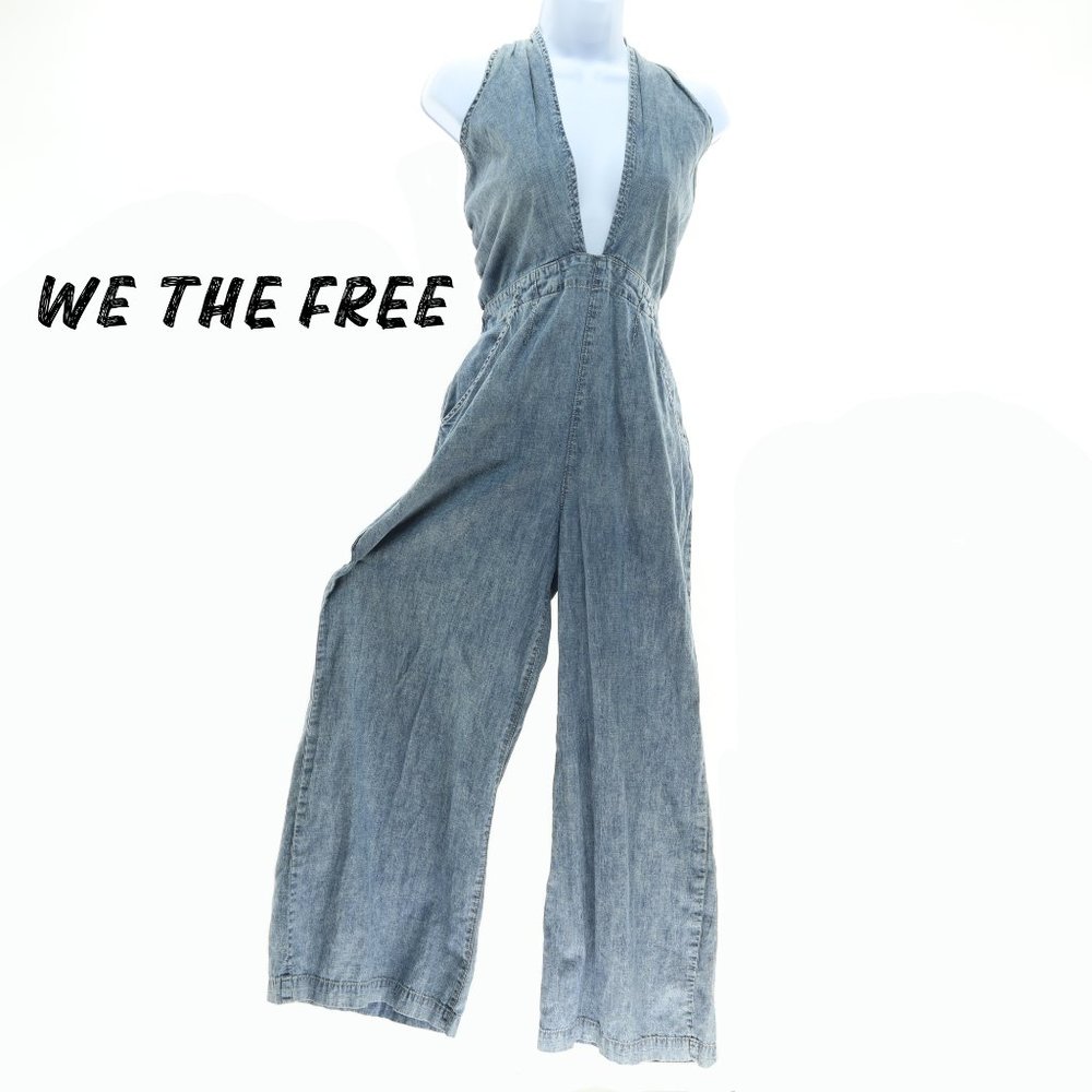 We The Free C'est La Vie Halter Overall Denim Jumpsuit Romper Size M
